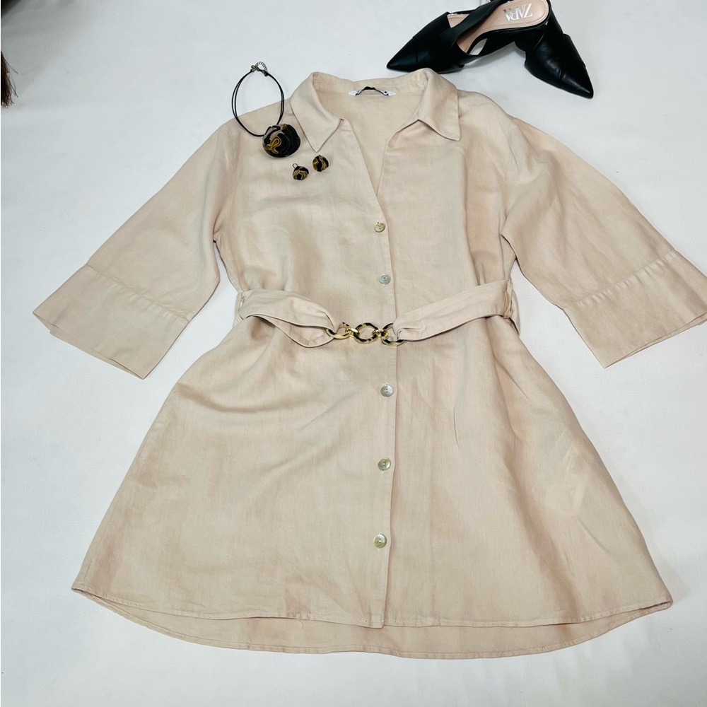 ZARA DRESS BELTED LINEN BLEND MINI DRESS SIZE M COLOR CREAM NWT